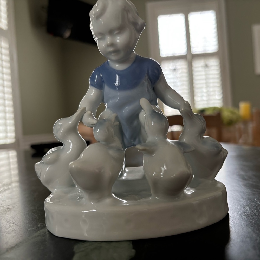 Porcelain  Girl with Ducks Figurine - Blue and White